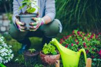 woman in her garden with plants and watering can