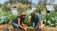 Image: Rosario Dawson and Ron Finley gardening. Title: Rosario Dawson And Ron Finley Promote Effort To Go Beyond Sustainability And Become “Regenerative” With Climate Victory Gardens Video