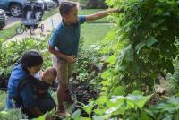 Nicky Schauder and her children working on the garden in their front yard in Herndon, Virginia. Photo by Danielle Lussier Photography. 