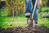 Image: boot pushing shovel into the dirt. Topic: Regenerative Agriculture & Farming to Reverse Climate Change