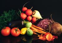 A still life of red radishes, red tomatoes, a shiny eggplant, leafy greens, crunch purple cabbage, an unpeeled beet, a fresh turnup, a bunch of carrots, a tiny yellow squash, and hearty green Brussels sprouts.