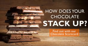 Image: stack of chocolate bars with text: How does your chocolate stack up on child labor? Find out with our Chocolate Scorecard