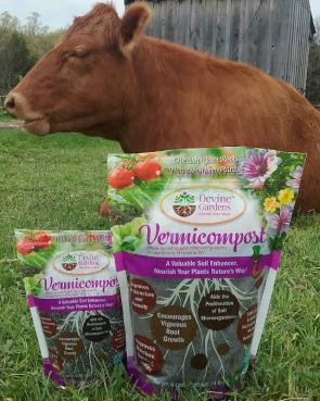 Devine Gardens vermicompost in 1 quart and 4 quart bags