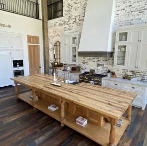 Pecan lumber for island, reclaimed barnwood flooring, and weathered pine beams