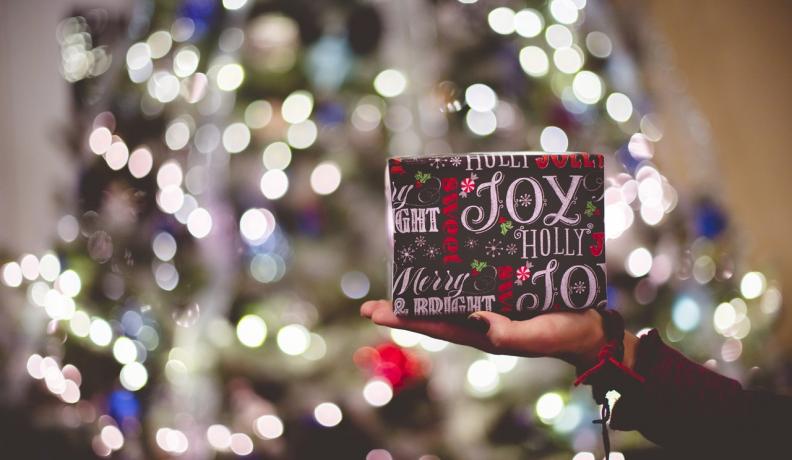 Image: hand holding a present in front of a Christmas tree. Topic: 10 Solar Powered Gifts That Keep Giving