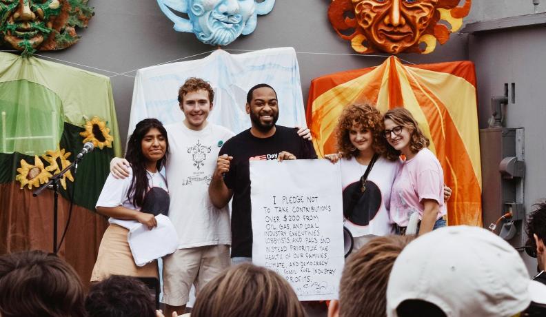 September 2019 Climate Strike in Louisville is (from left) Fernanda Scharfenberger, Scotty Monteith, State Representative Charles Booker, Lily Gardner, and Jillian Greene.