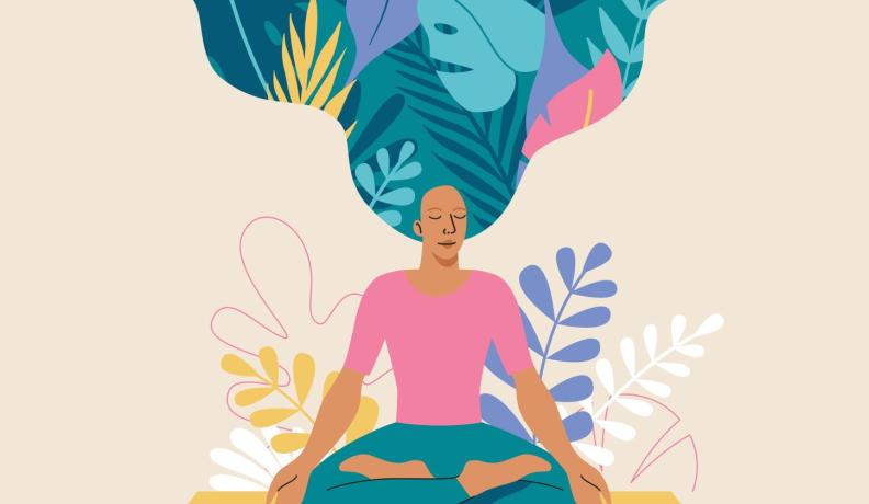 illustration of a person meditating on a yoga mat. Their hair billows upwards into colorful tropical leaves