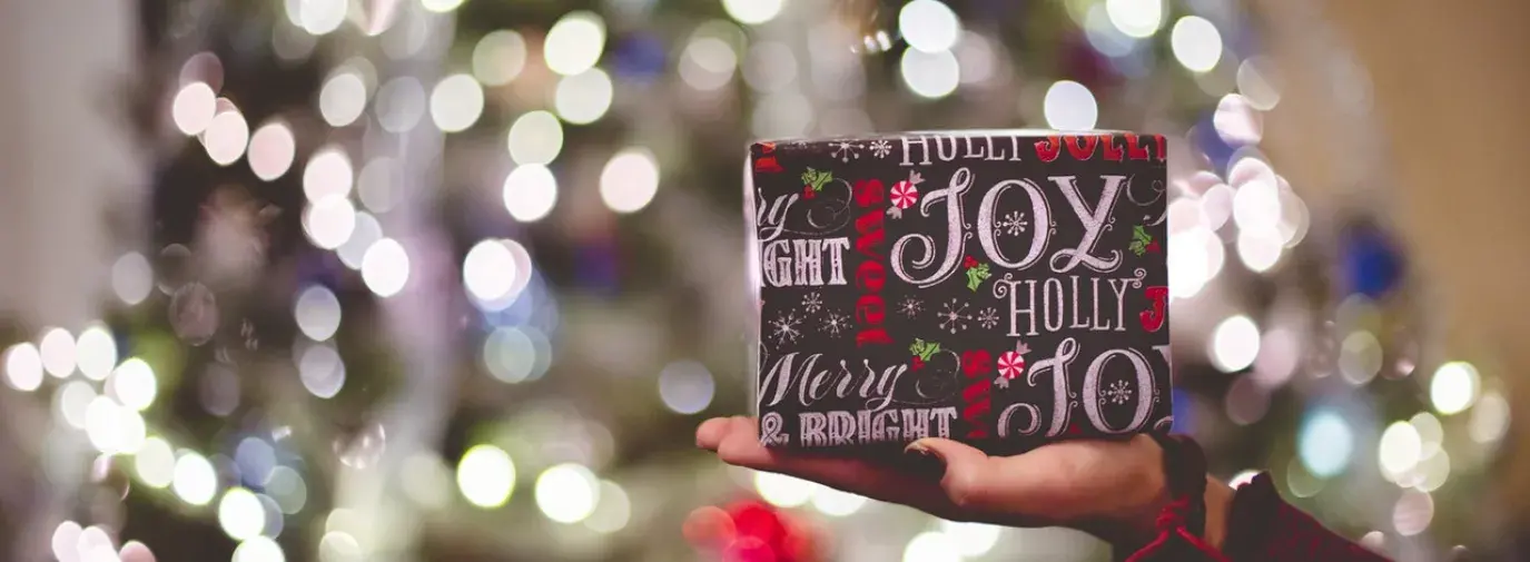 Image: hand holding a present in front of a Christmas tree. Topic: 10 Solar Powered Gifts That Keep Giving