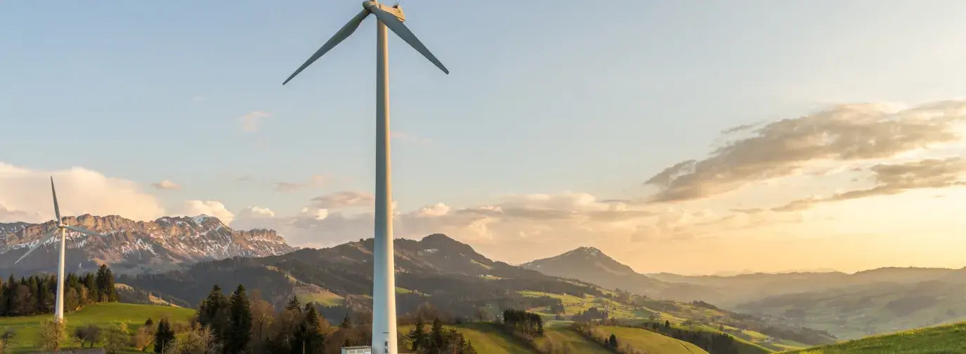 Image: wind turbines on green hills. Title: Green America Applauds T-Mobile, AT&T, and Sprint for Major New Advances on Renewable Energy