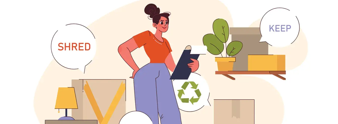 illustration of a woman figuring out what to do with her boxes of things. There are speech bubble boxes with phrases like "keep," "sell," "recycle" coming from the boxes.