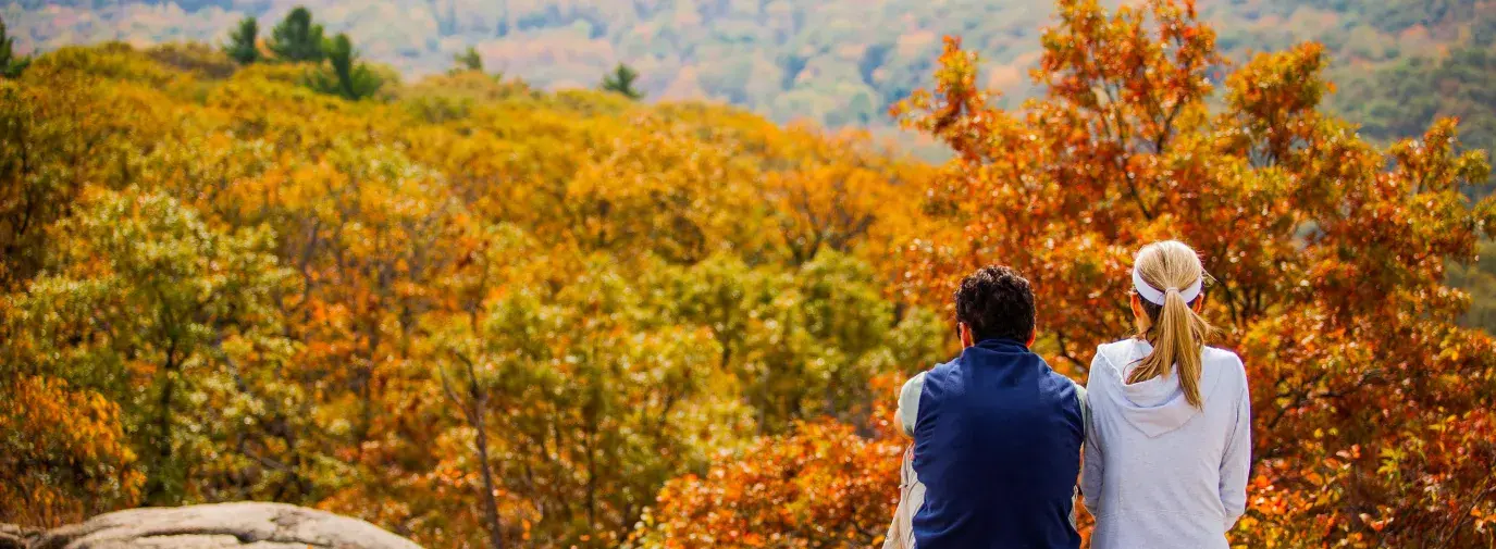 Two people look over a scenic fall landscape