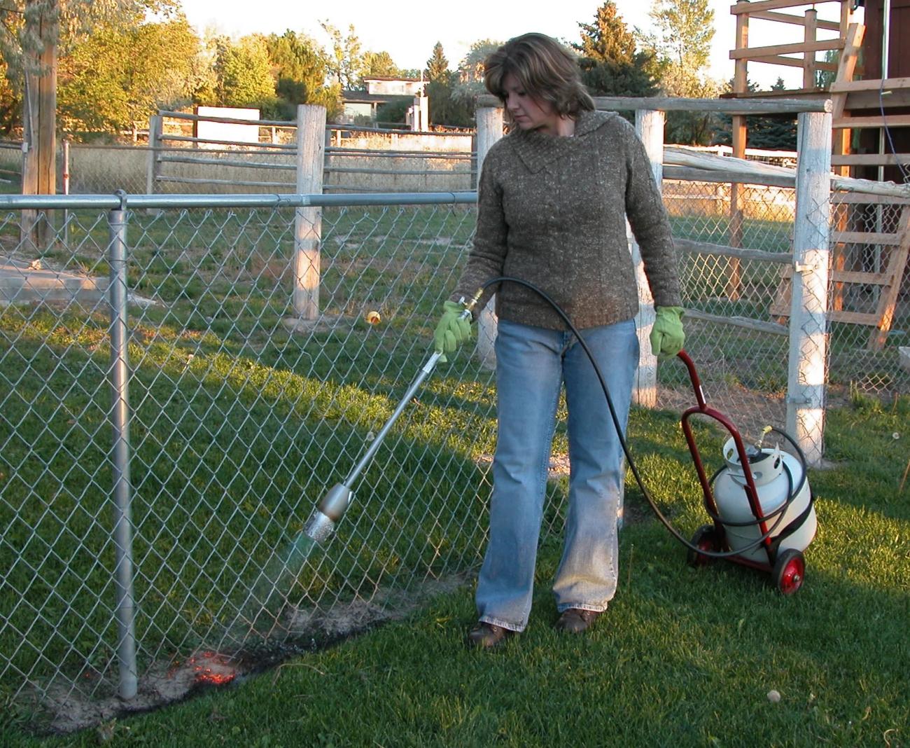 A woman working with a weed torch killer. Sustainable summer.