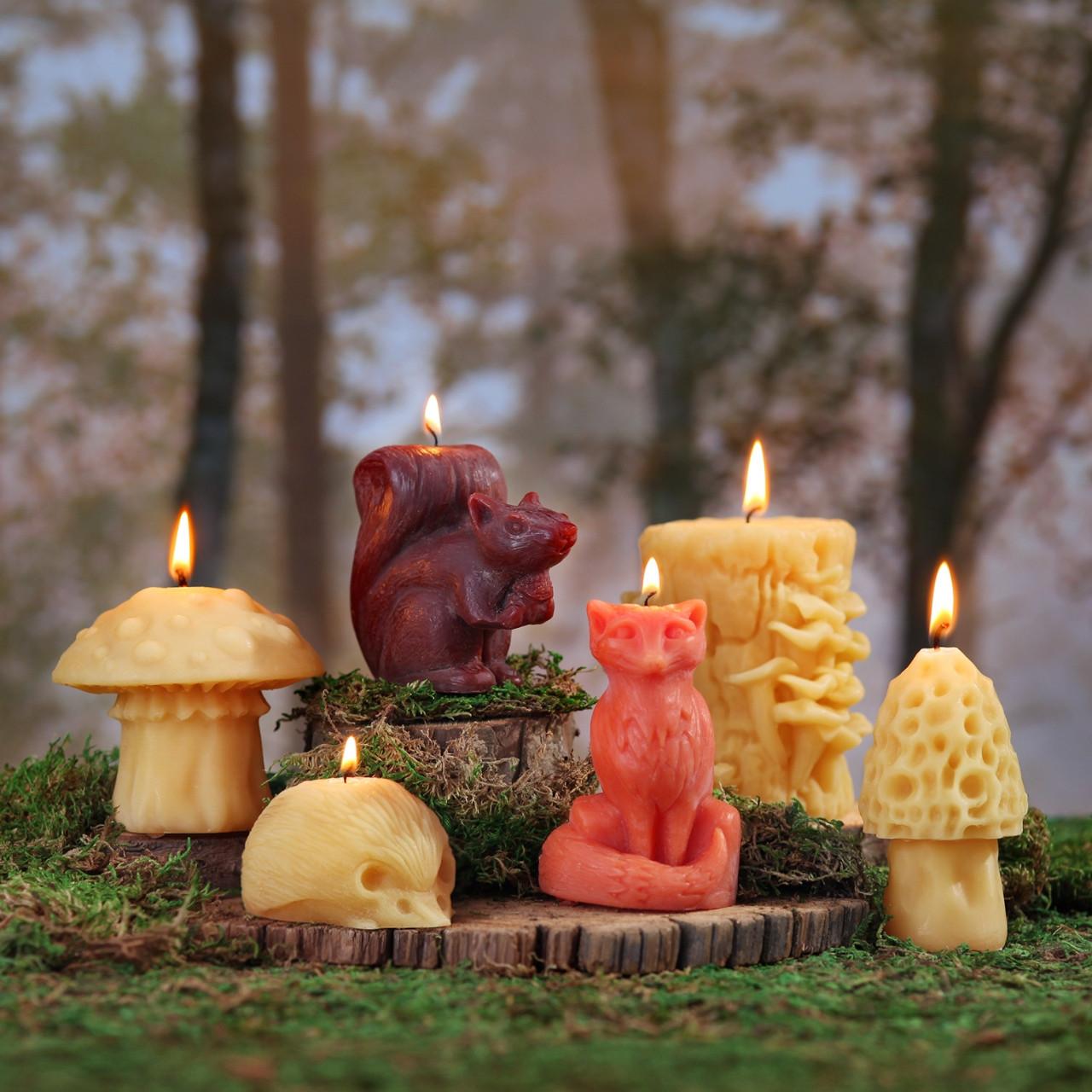 A collection of carved beeswax candles in the shape of woodland imagery like mushrooms and squirrels. Sustainable honey products.