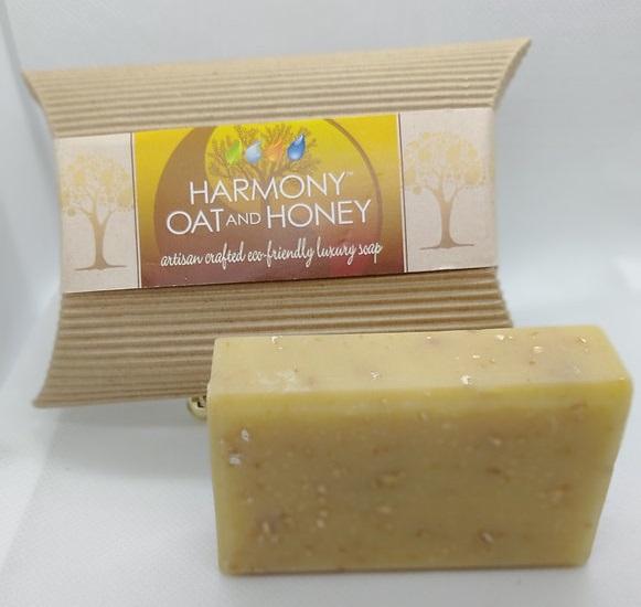 Sustainable honey products like this oat and honey soap are a great, green option. A picture of the soap on a white background.