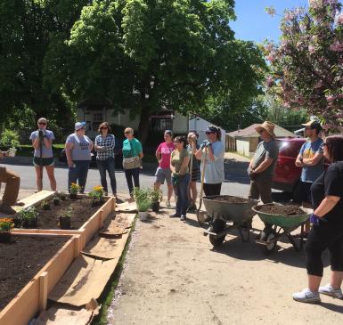 Group of volunteers around garden beds