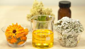 Image: flowers and essential oil. Topic: 10 Herbs for Topical Healing