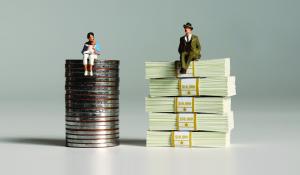 Graphic of a woman sitting on a pile of nickels, and a man sitting on a stack of bills that are bundled by $10,000.