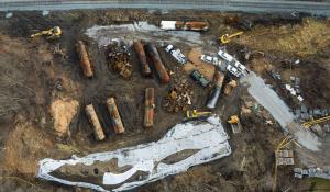 Drone image of the Norfolk Southern train derailment cleanup in East Palestine, Ohio.