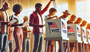 voters of diverse backgrounds at the voting booth casting their ballot, participating in democracy in the USA