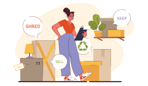 illustration of a woman figuring out what to do with her boxes of things. There are speech bubble boxes with phrases like "keep," "sell," "recycle" coming from the boxes.