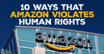 Image: Amazon building. Text: 10 Ways Amazon Violates Human Rights