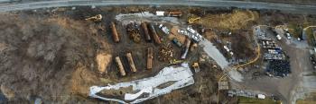 Drone image of the Norfolk Southern train derailment cleanup in East Palestine, Ohio.