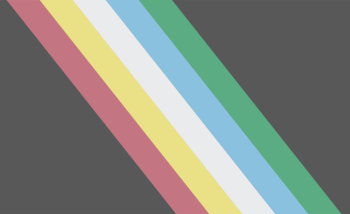 Disability Pride flag, which is dark gray with stripes in red, yellow, white, blue, and green.